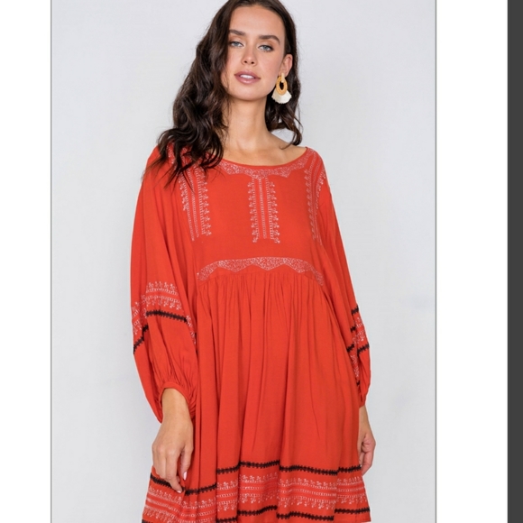 Hummingbird Dresses & Skirts - Dusty Red Embroidery Long Sleeve Boho Dress NWT